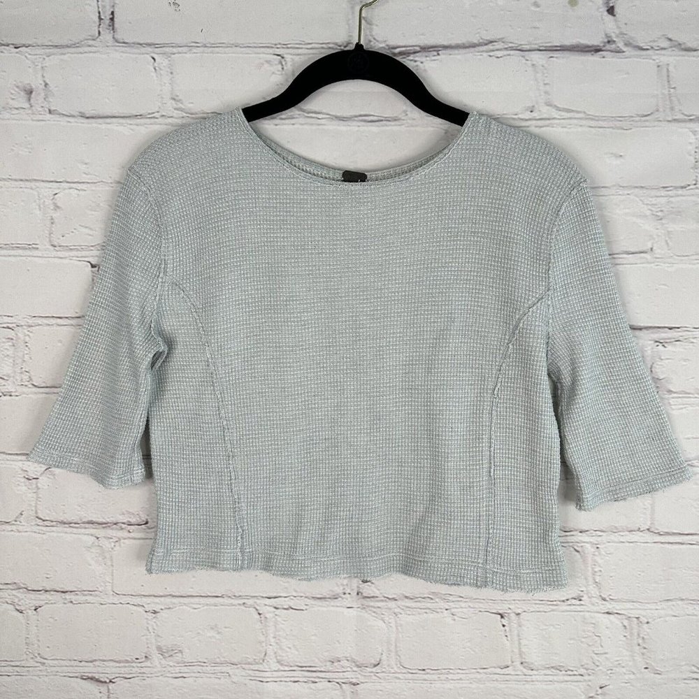 We the Free People Women’s XS Waffle Knit Top Cropped Thermal Shirt Blue